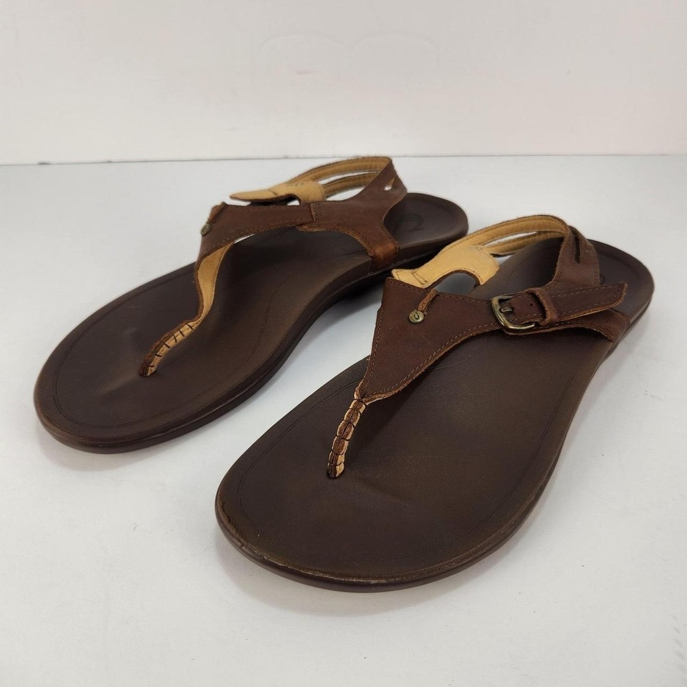 OluKai 'Eheu Women's Size 9 Brown Leather Thong Sandals Ankle Strap Comfort
